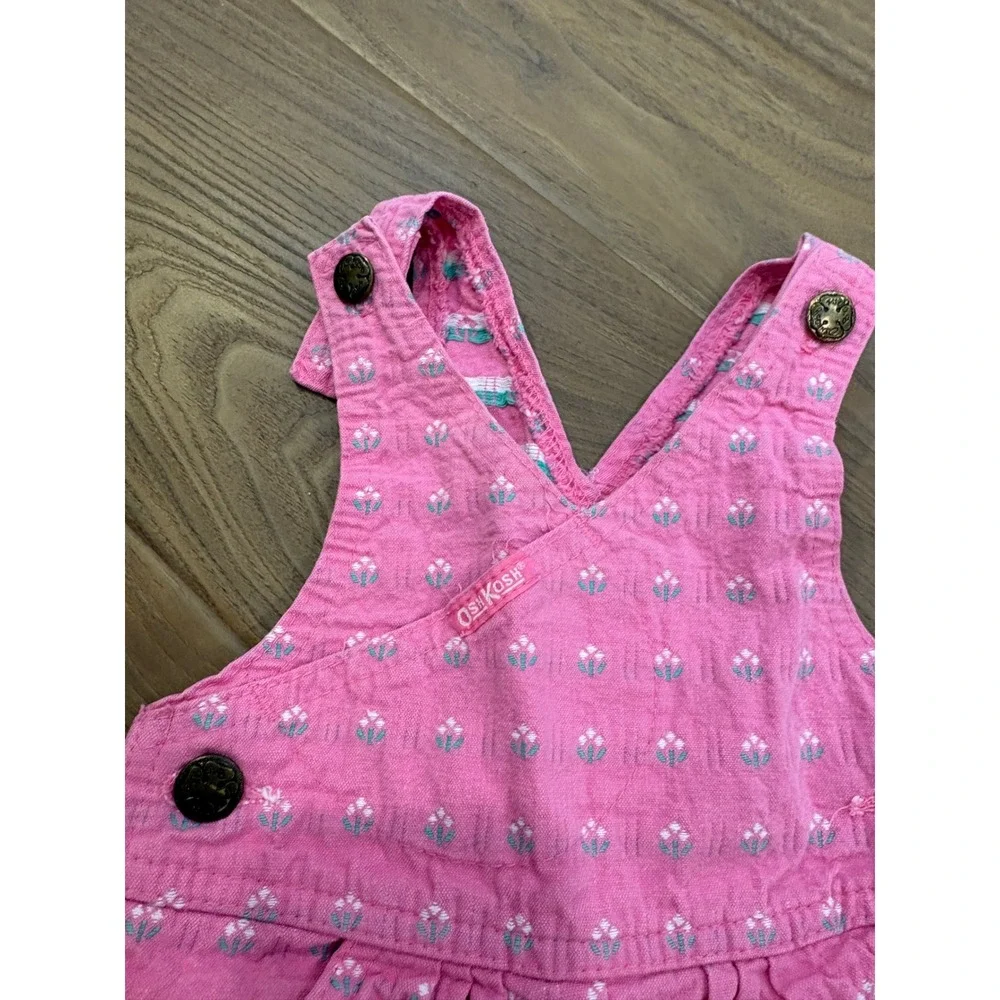 Vtg Oshkosh Overalls Romper 12 months Pink Cotton denim vestbak Floral Retro